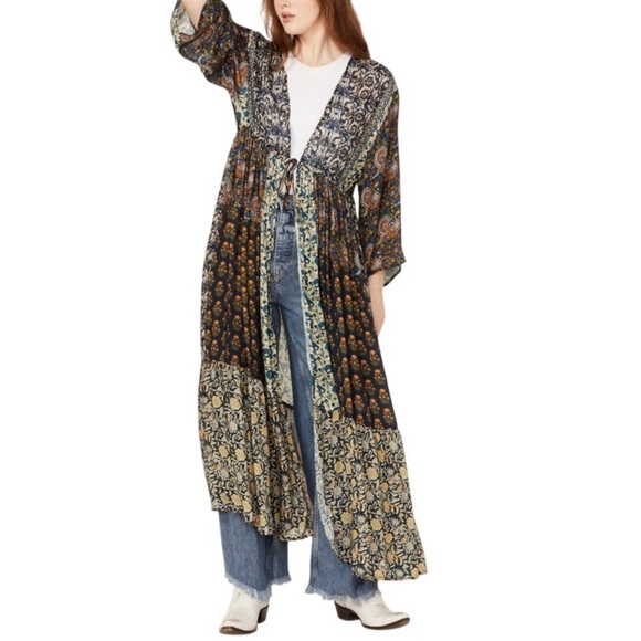 NWT FREE PEOPLE WOMEN'S LONG GEO PRINT KIMONO - ONE SIZE - Picture 1 of 10